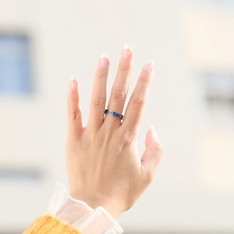 

Van Gogh's Enamel couple rings Sky Star moon and sun S925 silver Glitter Rings Women Engagement Ring Wedding Jewelry For men