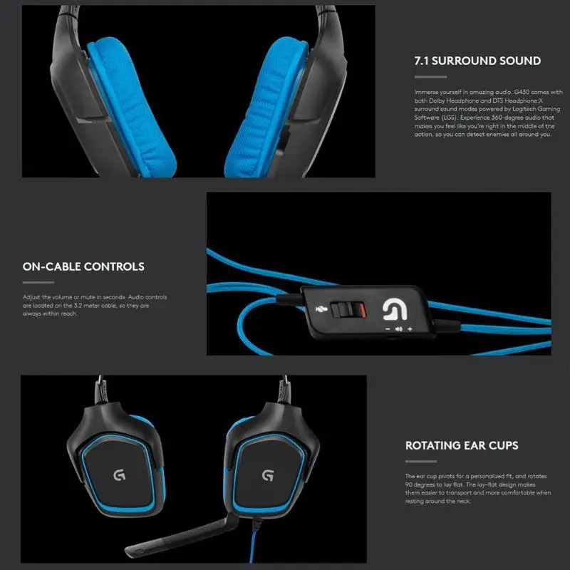 Игровые наушники logitech G430, вращающиеся амбушюры, 7,1 объемная гарнитура с микрофоном, регулируемое Шумоподавление для ПК