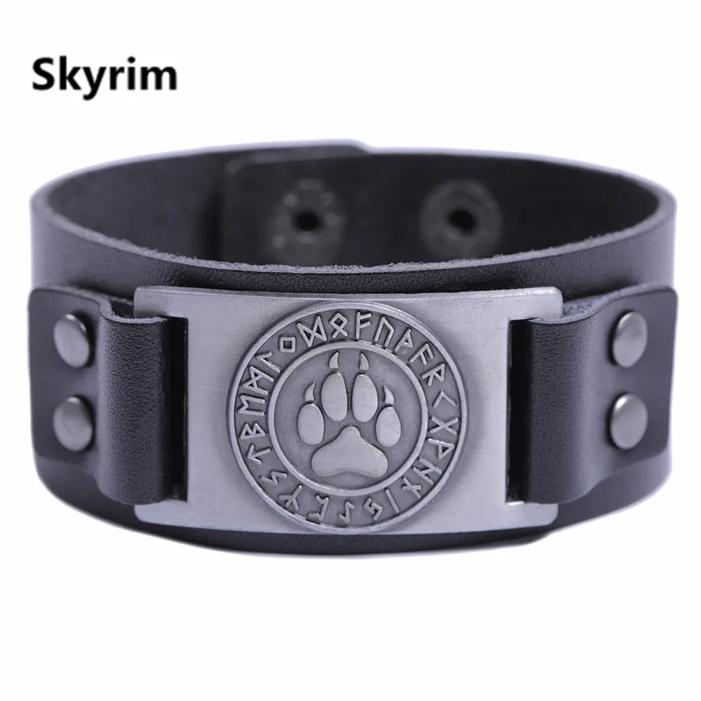 Skyrim Викинг-Волк когти браслет Викинг нордические руны Медвежья Лапа кожаный широкий браслет из натуральной кожи ремешок кожаные браслеты - Окраска металла: Black-Sliver
