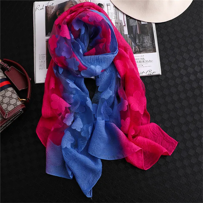 

Silk Scarf Organza Gradient Colors Floral Lace Scarves Spring Wraps Sarong Femme Beach Lightweight Sunscreen Shawls for Women