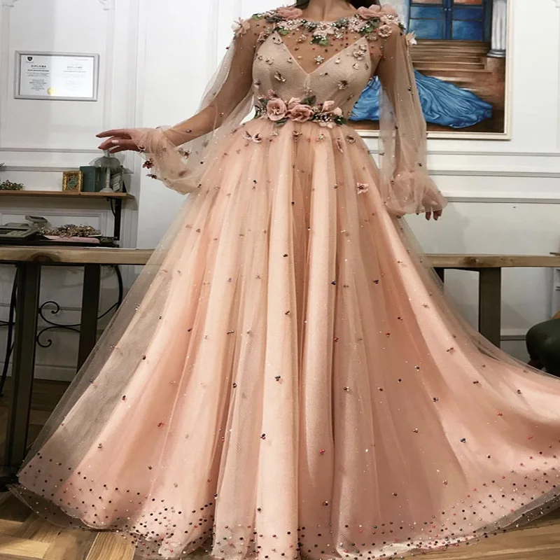 

robe de soiree With Long Sleeve Evening dress Light Champagne Handmade Flower V-Neck Illusion Prom Dress Formal Evening gown