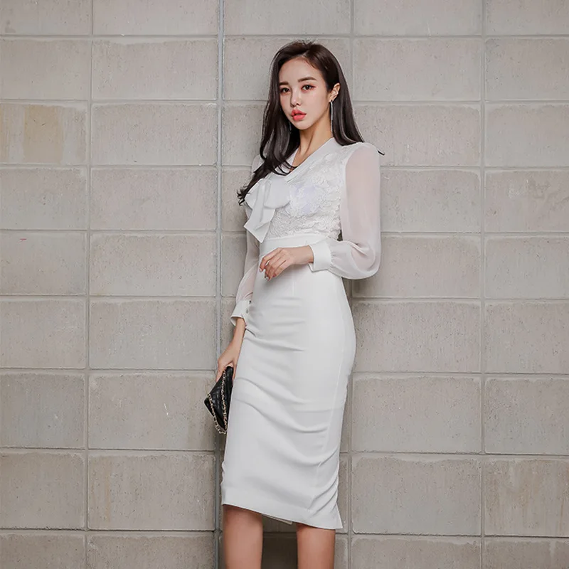 Размера плюс повседневное белое платье 2021 весеннее с длинными рукавами из