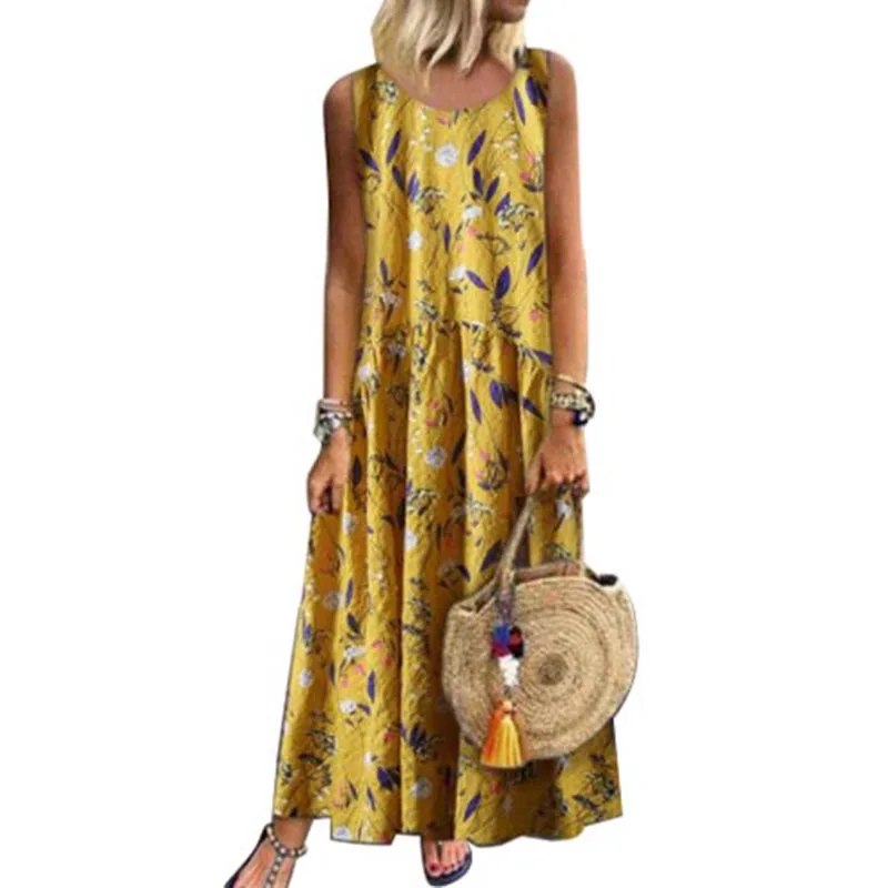 

Women Print Dress Sleeveless Round Neck Loose Casual Vintage Dress for Summer TC21