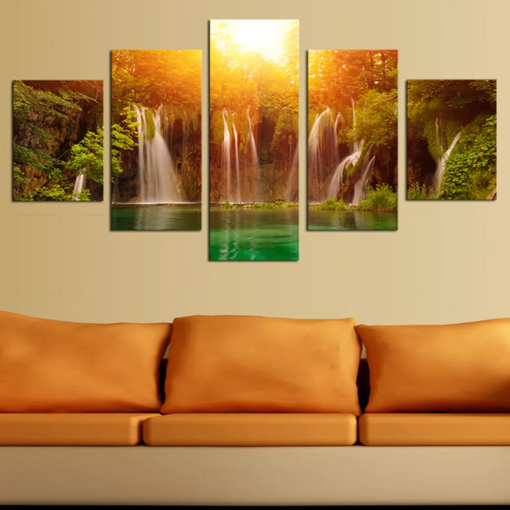 Водопад среди желтое солнце и зеленое озеро Топ-рейтинг холст печать живопись