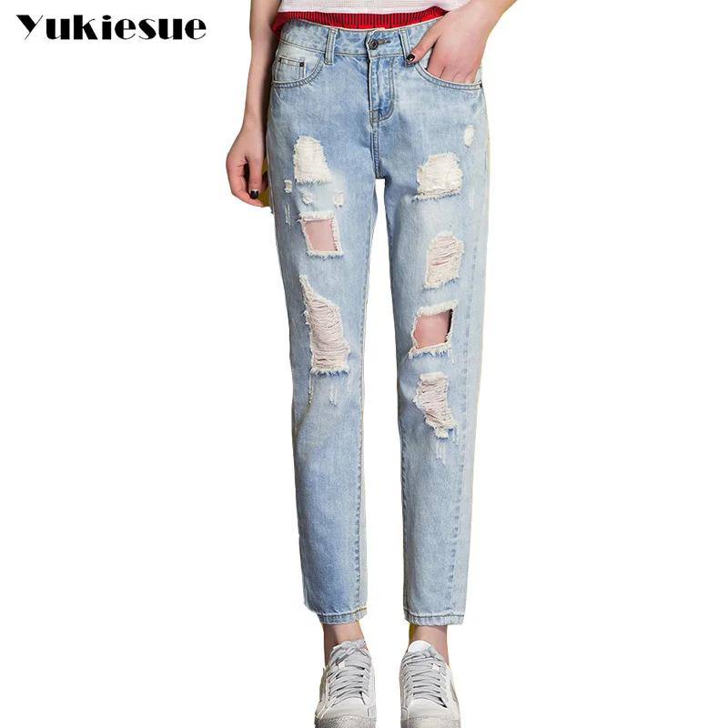 Рваные Джинсы женские летние 2017 бойфренда свободные синие длинные штаны