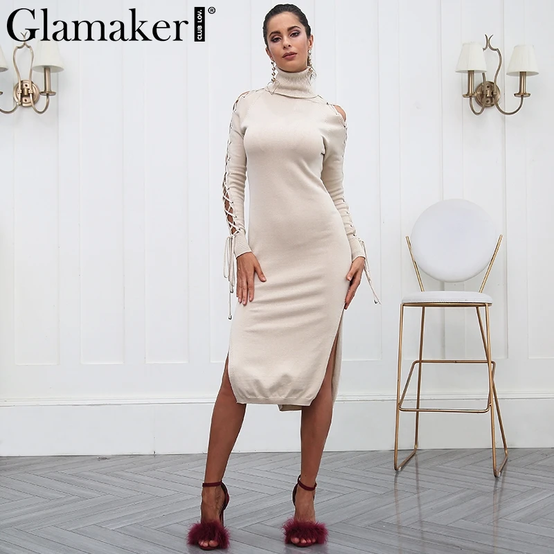 Женское облегающее платье Glamaker черное трикотажное водолазка с разрезом по