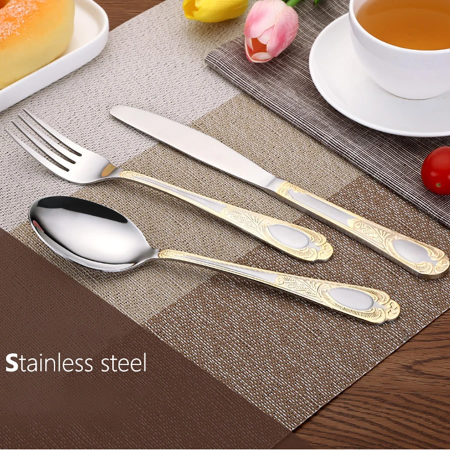 European Style High Grade Gold Flatware Stainless Steel Steak Knives Serving Spoon Kitchen Seti Home Dinner WZN037