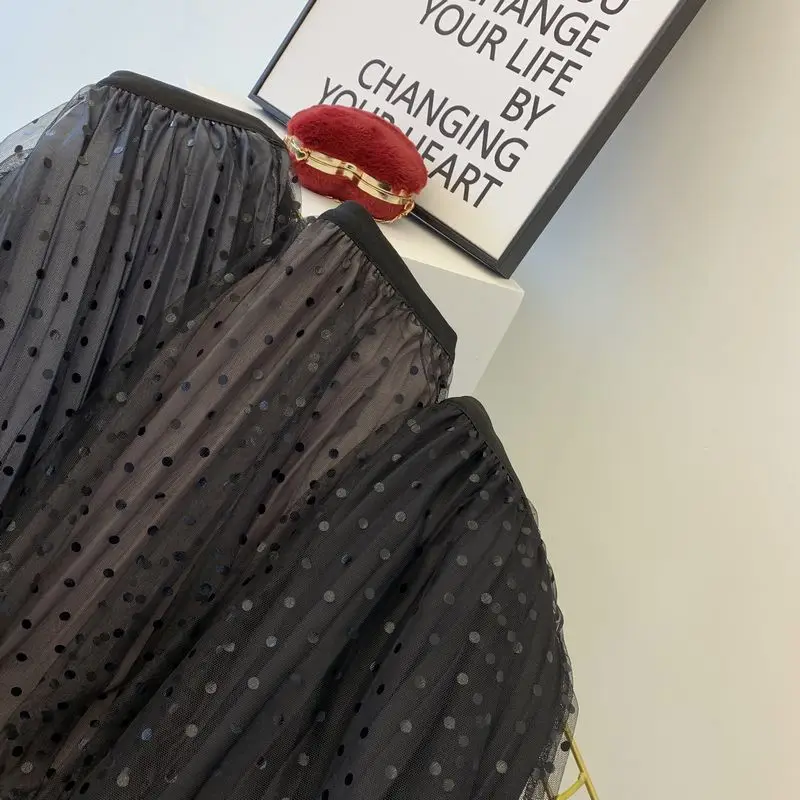 2019 Новое поступление в горошек тюль Сращивание Бархат плиссированная юбка