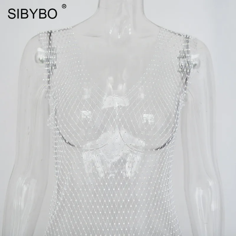 SIBYBO/сексуальное летнее пляжное платье в сеточку, украшенное бриллиантами, женское облегающее платье без рукавов, вечерние женские платья для ночного клуба