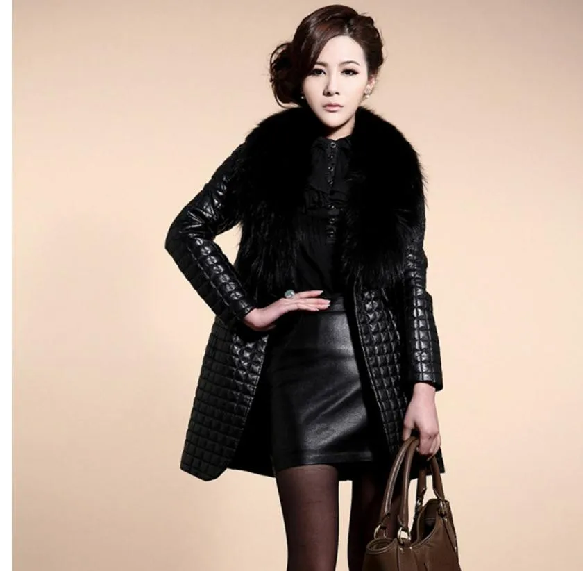 

Female Leather Coats Jaqueta De Couro Womens Large Size Casual Pu Leather Overcoats Long Section Fur Collar Leather Jackets