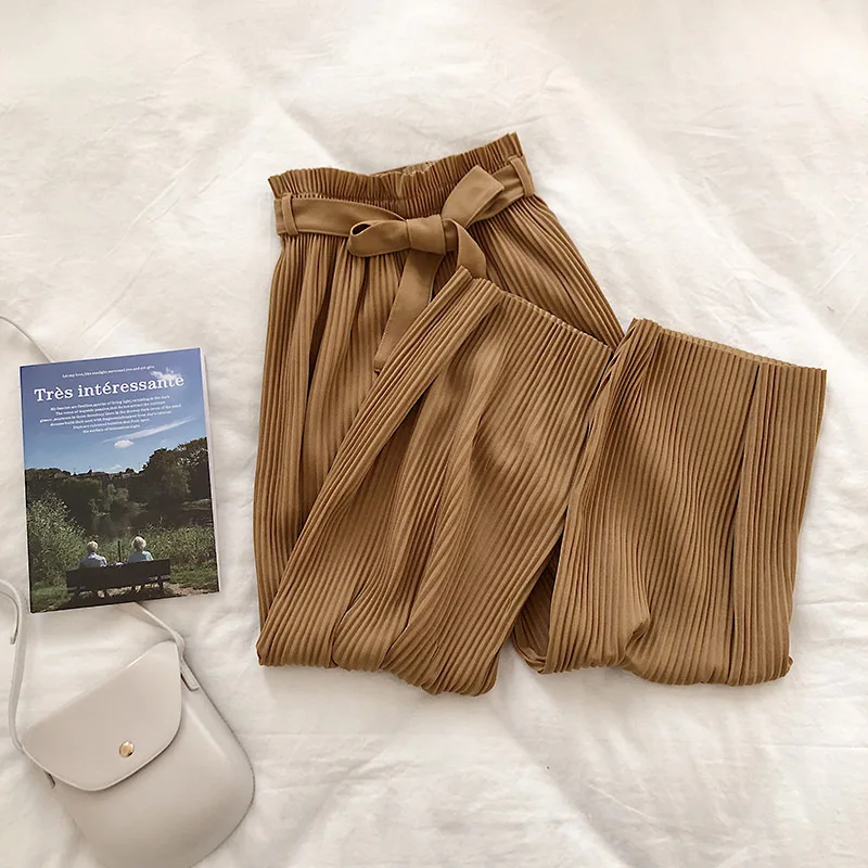 

Korean Women Wide Leg Pants Loose High Waist Solid Pants New 2020 Casual Vertical Soft Pleated Pant Trousers Female Sash Pants