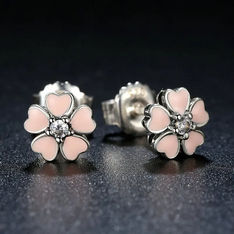 100% 925 Sterling Silver Fashion Pink flowers Crystal Ear Studs Earrings for Women Genuine Small Stud | Украшения и аксессуары