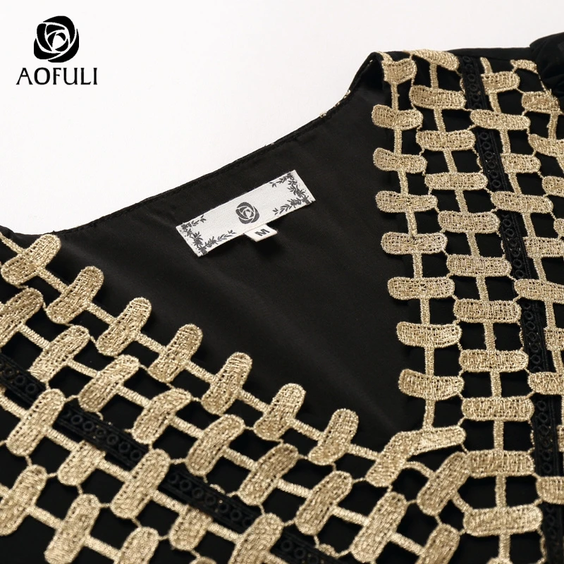 AOFULI L XXXL 4XL 5XL Золотое плиссированное платье с v образным вырезом и вышивкой летняя