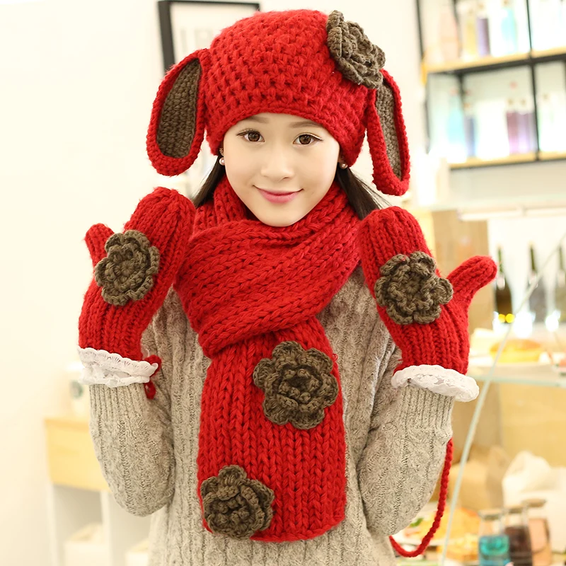 3 шт. детские вязаные шапки шарф и перчатки с ушками кролика|scarf glove|hat scarf glovesknitted hat