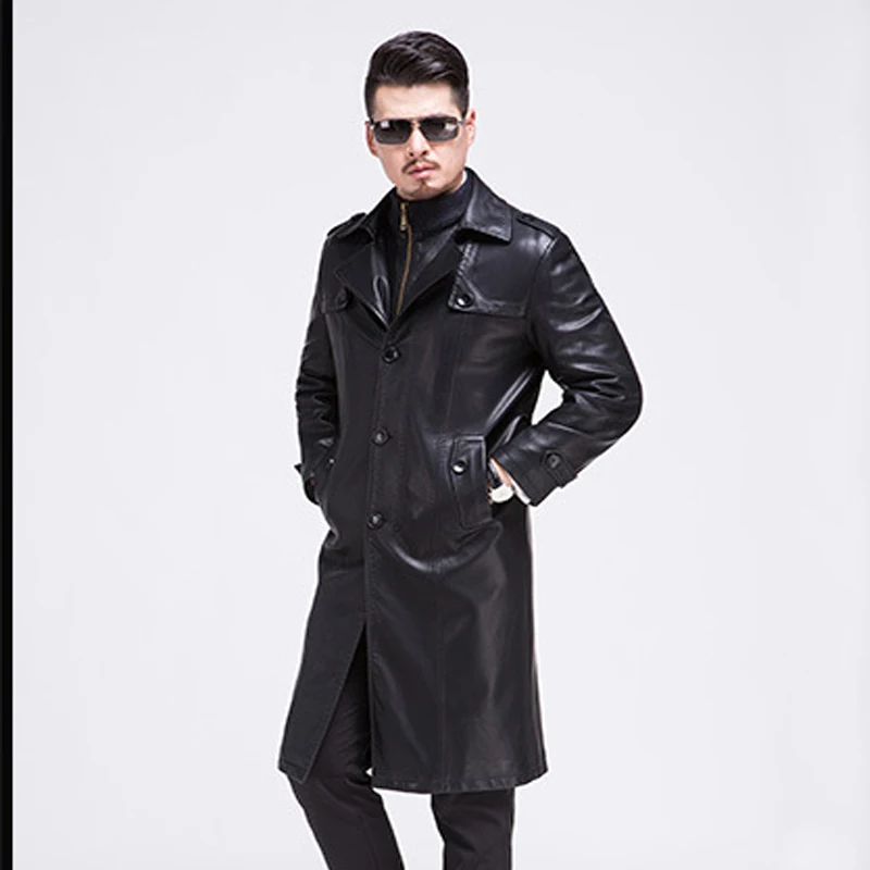 Новая модная кожаная куртка для мужчин высокое качество мужские длинные кожаные