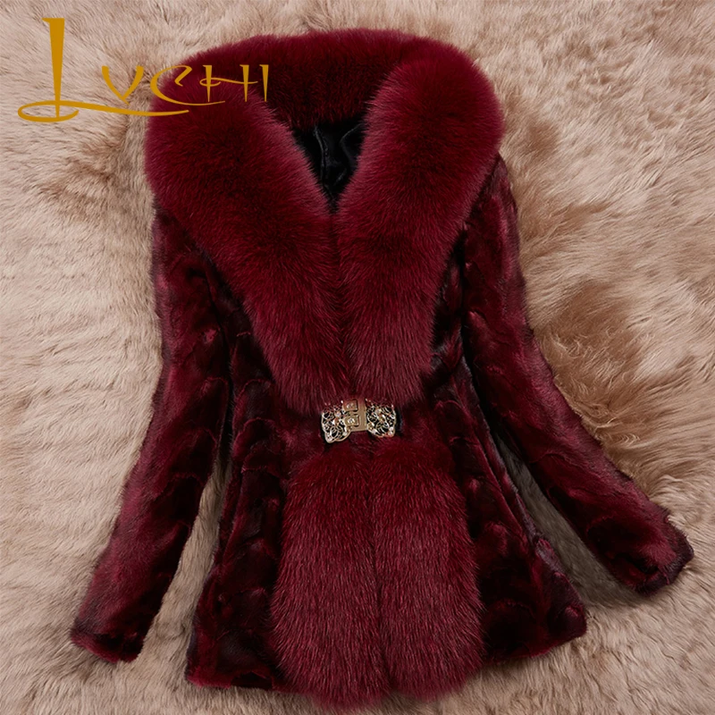 Женское пальто средней длины из натурального меха LVCHI зимнее лисьего норки на