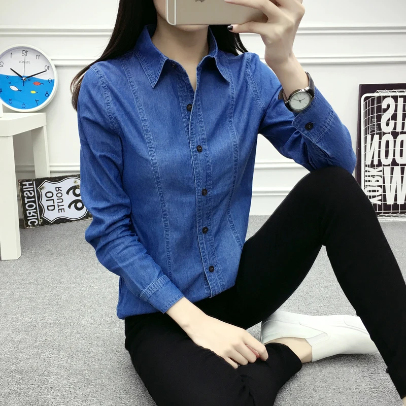 Single Breasted Long Sleeve Slim Denim Shirt 2020 Solid Blue Boyfriend Woman Shirt Turn Down Collar Casual Basic Top Blouse