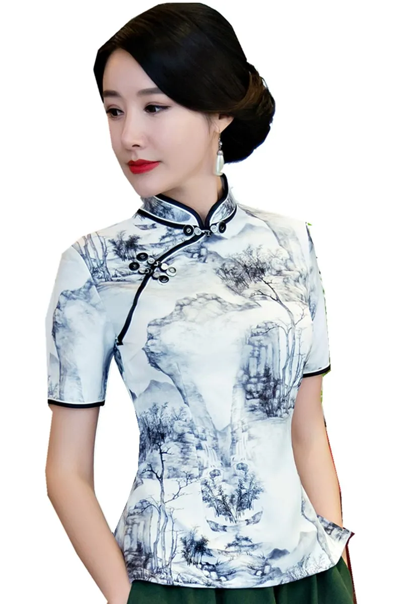 Шанхай история Традиционный китайский топ с коротким рукавом цветочный cheongsam Топ