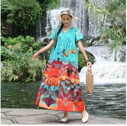 010 Plus Size Women Vintage Dress Summer Autumn Sundress Cotton Linen Vestidos Lady Long Dresses Print Floral Loose Casual Dress - Цвет: 010