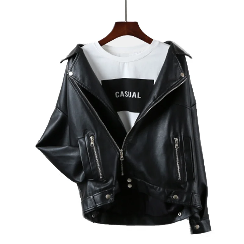 Осенне-весенняя черная кожаная куртка с отложным воротником тонкая женская из