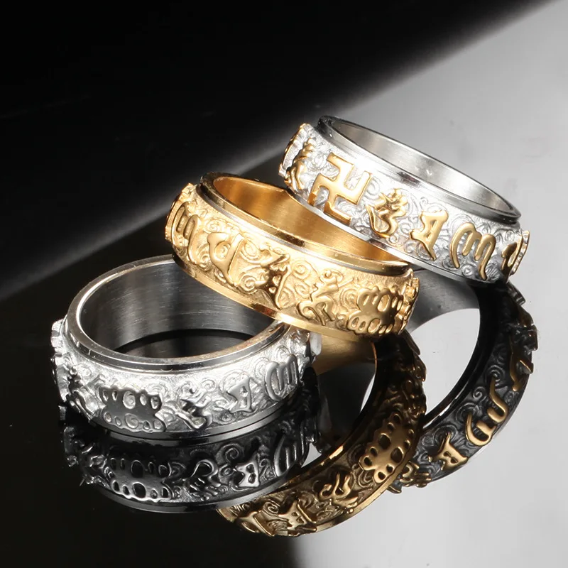 Sanskrit Buddhist Mantra Ring for Men Women Rotatable Gold Silver Color 316L Stainless Steel Buddhism Jewelry Drop Shipping | Украшения и