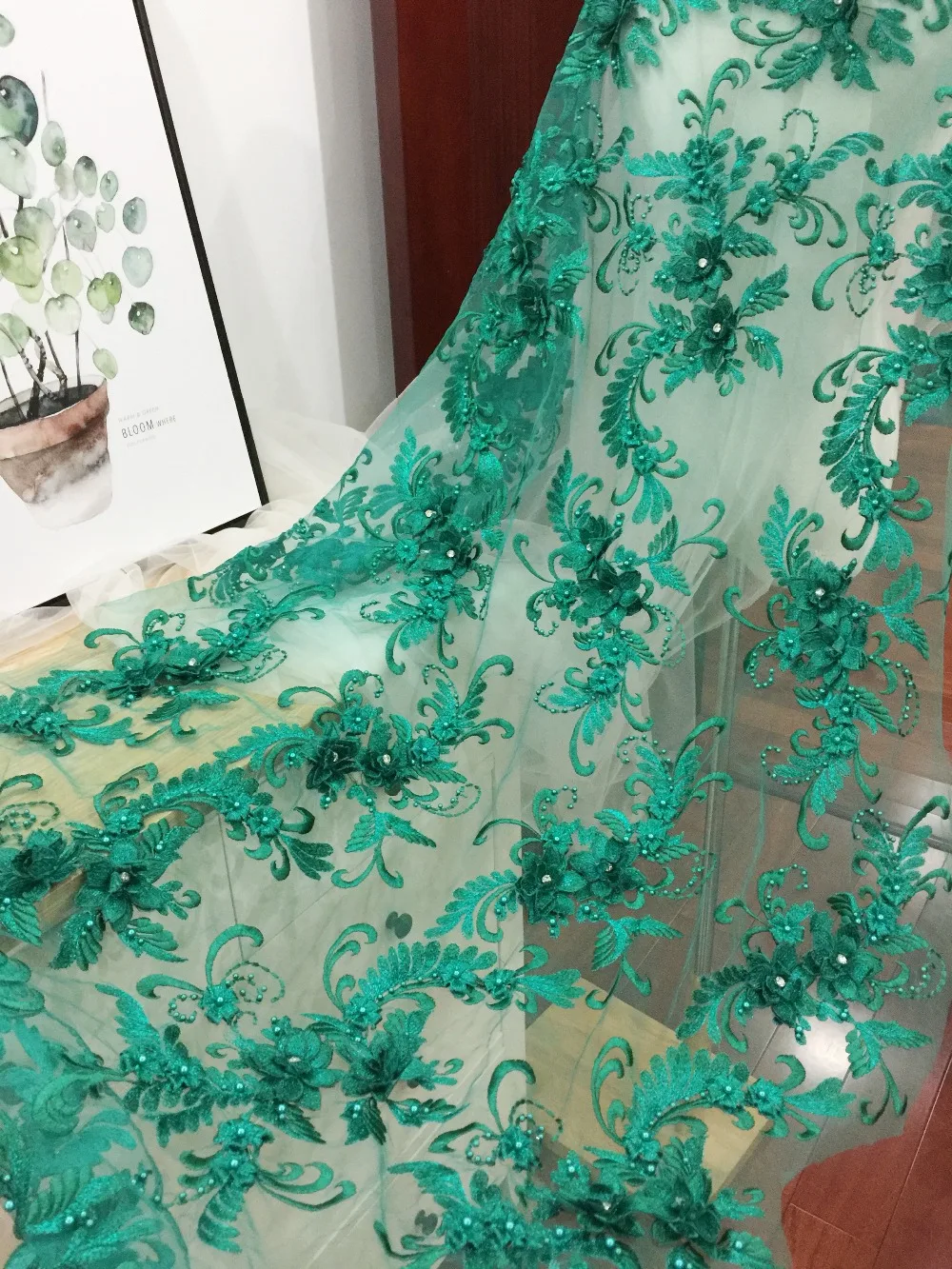 1 ярд 3D жемчужное Бисероплетение Цветочная вышивка кружевная ткань