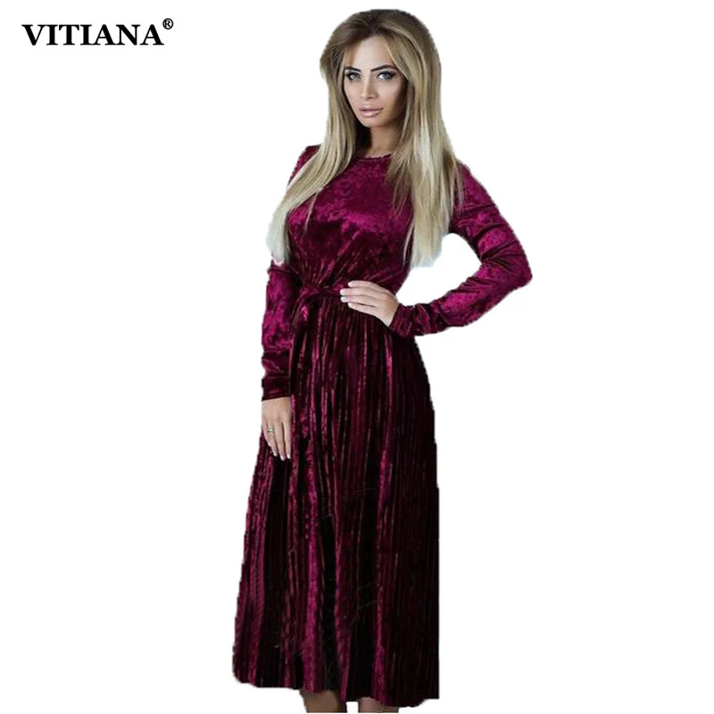 VITIANA Women Maxi Long Casual Velvet Dress Female Autumn Green Blue Sleeve Winter Vintage Elegant Pleated Party Dresses|Женские платья|