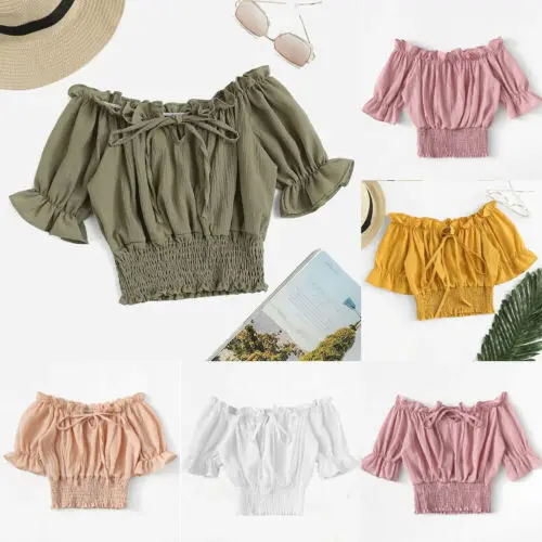 2019 футболка для маленьких девочек топ с буфами открытыми плечами и оборками на