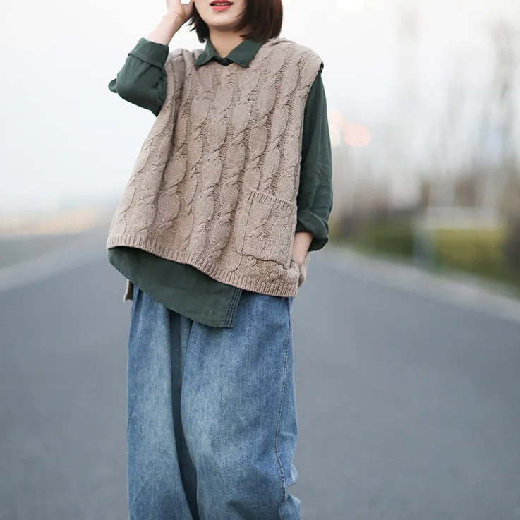 Spring vest Women Retro Large size Loose Pullovers Knitting Tops Hooded Button pocket Casual 2019 Ladies Mori girl | Женская одежда