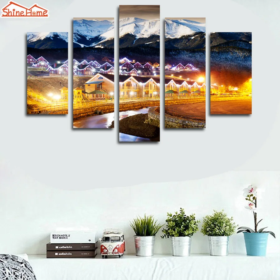 

Настенная Картина на холсте ShineHome-5pcs, Настенная картина с изображением снега, гор, ночи, картина маслом, абстрактная картина, украшение для д...