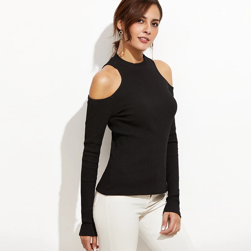 Women Solid Black Off Shoulder Round Neck Full Sleeve Basic Femme Bodycon T Shirts 2019 New Arrived Ladies Fashion Top Mujer | Женская