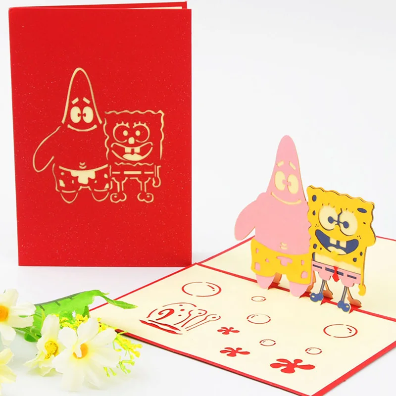 SpongeBob Всплывающие 3D открытки на день рождения мировые аттракционы место бизнес свадебные приглашения карта туристическая открытка поздравительный подарок открытка спасибо - Цвет: SpongeBob