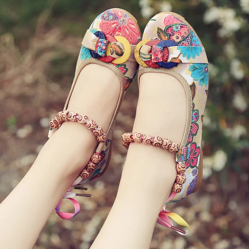 2019 New Women Casual Flat Shoes Flats Handmade Beaded Ankle Straps Loafers Zapatos Mujer Retro Ethnic Embroidered | Обувь