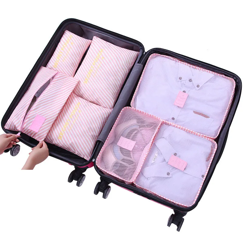 Pink stripes 7 шт. дорожная сумка для хранения, набор для одежды, аккуратный органайзер, шкаф, шкаф, чемодан, сумка для путешествий, органайзер для багажа, упаковка, кубическая сумка - Цвет: Pink stripes