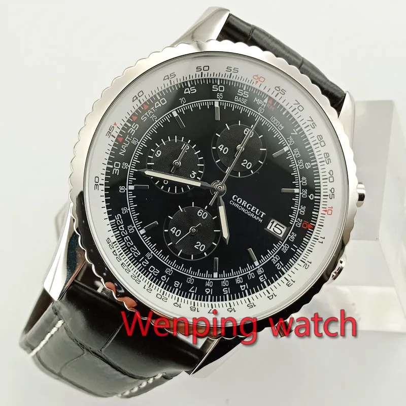 Мужские часы с хронографом 45 мм черный циферблат полированный серебристый чехол