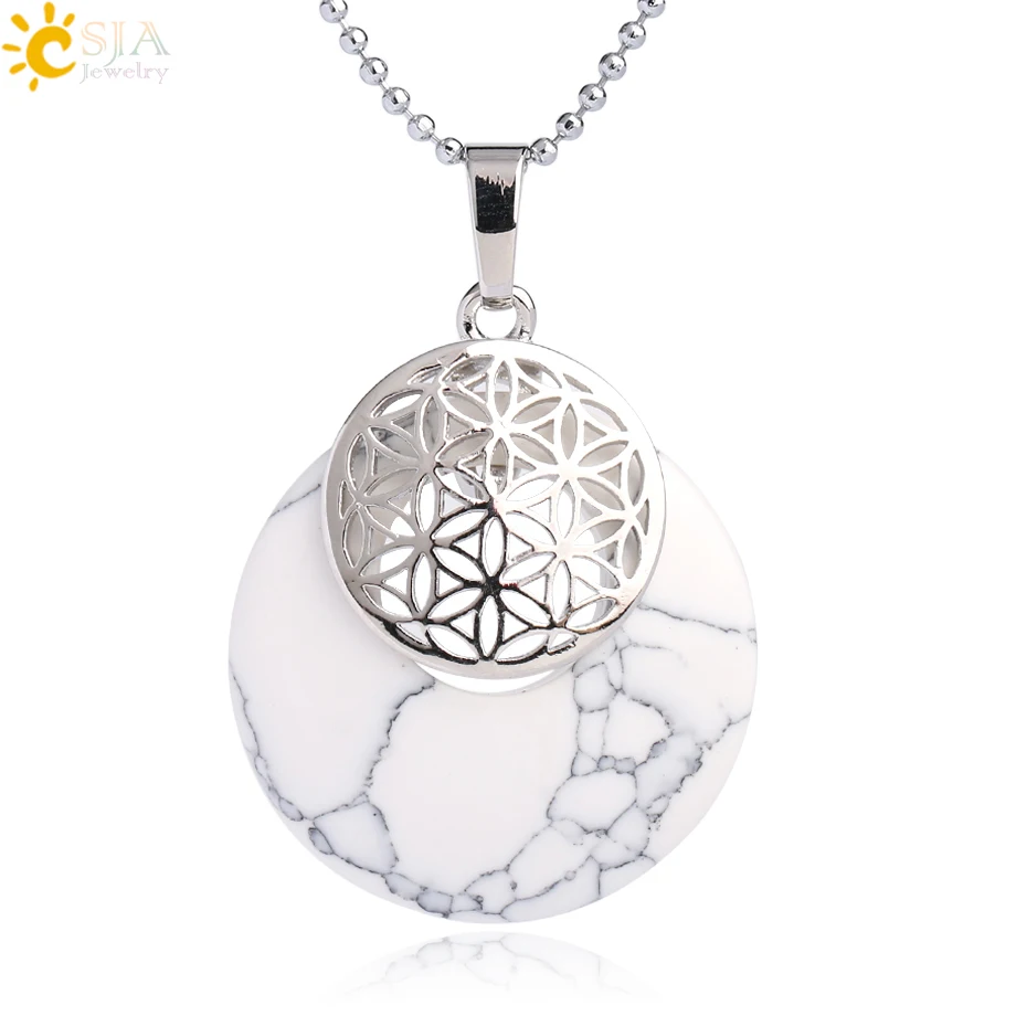 Howlite CSJA натуральный камень кулон цветок жизни ожерелье рейки амулеты выдалбливают круг Подвески подходят для женщин мужчин Шарм ювелирные изделия G052 - Окраска металла: Howlite