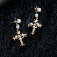 korean trendy baroque pearl beads hollow cross dangle earrings for women silver needle long bohemian drop earrings oorbellen