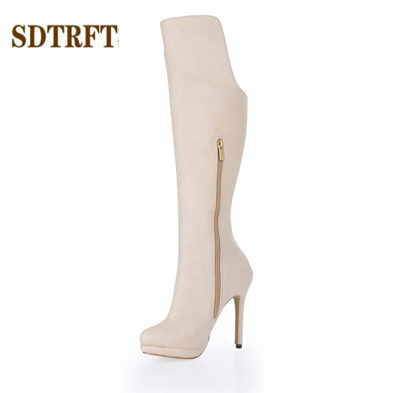 

SDTRFT Stilettos 12cm thin heels Knee-High boots Round Toe shoes Woman Crossdresser Botas Ladies Zipper pumps Plus:35-41 42 43