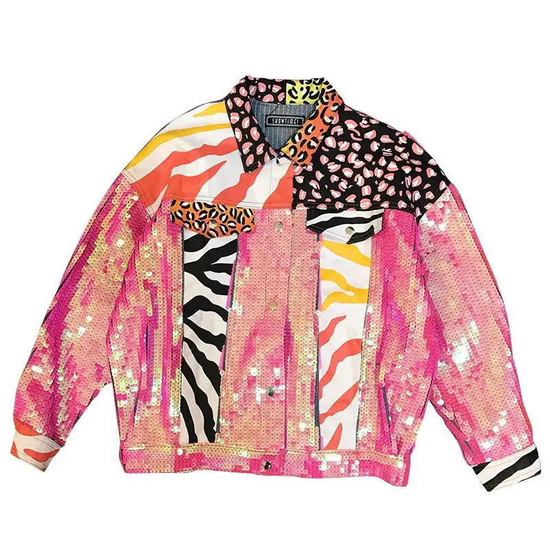 2018 новая зимняя розовая джинсовая куртка с леопардовым принтом и блестками |