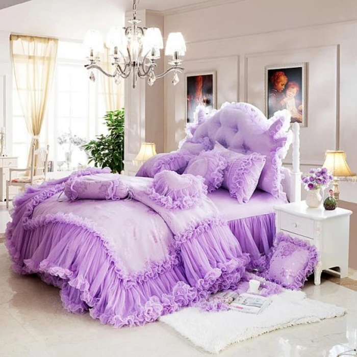 princess Lace luxury wedding bedding sets queen king size beige/pink/red/purple color 4/6/8pcs bedskirt+pillowcase+duvet cover s | Дом и сад