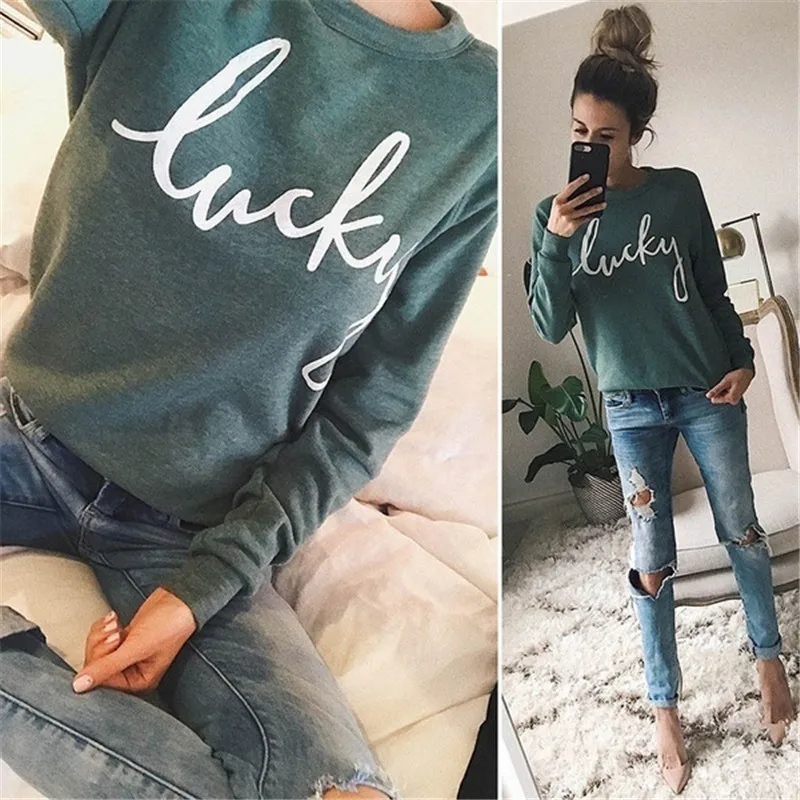 Женские толстовки LUCKLY с буквенным принтом и круглым вырезом повседневные