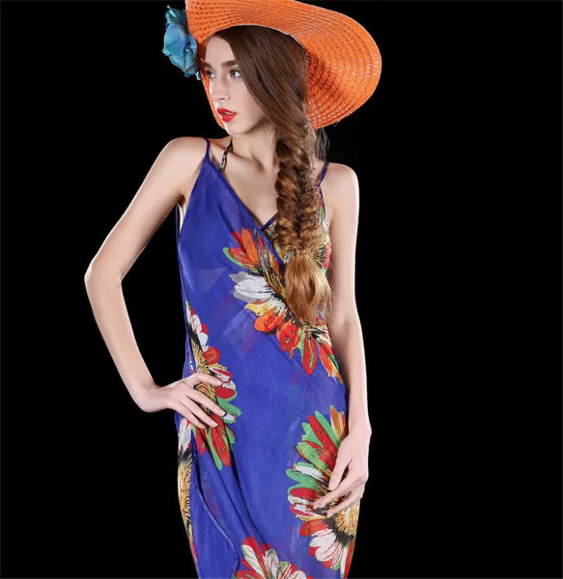 Синий Женская летняя пляжная одежда бикини закрытый купальник Sarong купальник цветочный принт макси юбка - Цвет: Синий