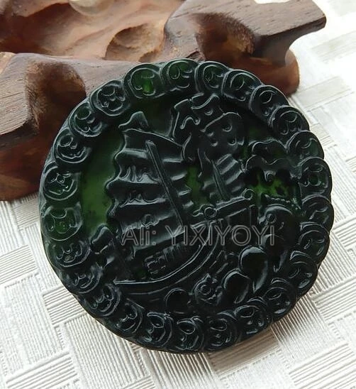 Beautiful Natural Black Green Stone Carved Chinese Smoothly Boat Lucky Blessing Pendant + Rope Necklace Fashion Jewelry | Украшения и