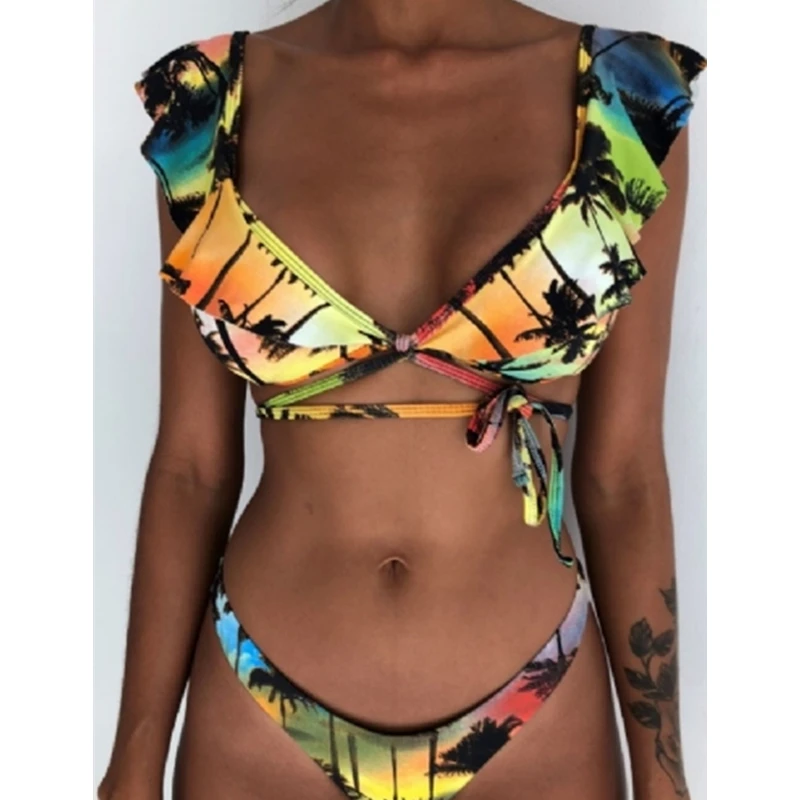 As photo shows Для женщин Цветочный купальный костюм бикини Bathingsuit треугольники купальник пляжная одежда Biquini Feminino Para Praia рюшами купальник - Цвет: As photo shows