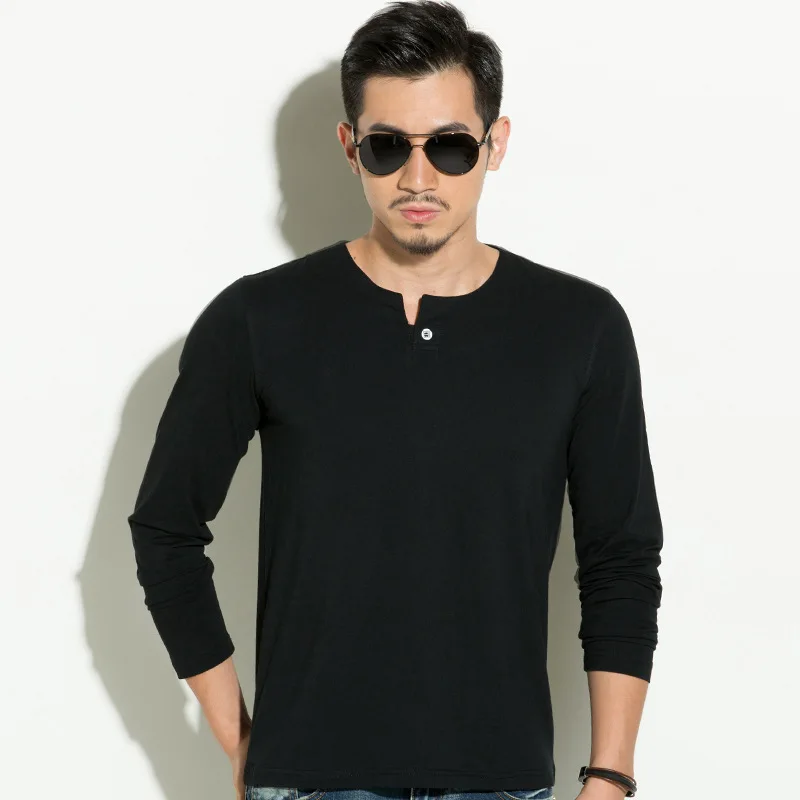 2019 spring and autumn men's long-sleeved shirt Slim O-neck collar button Europe America simple solid color base T-shirt | Мужская