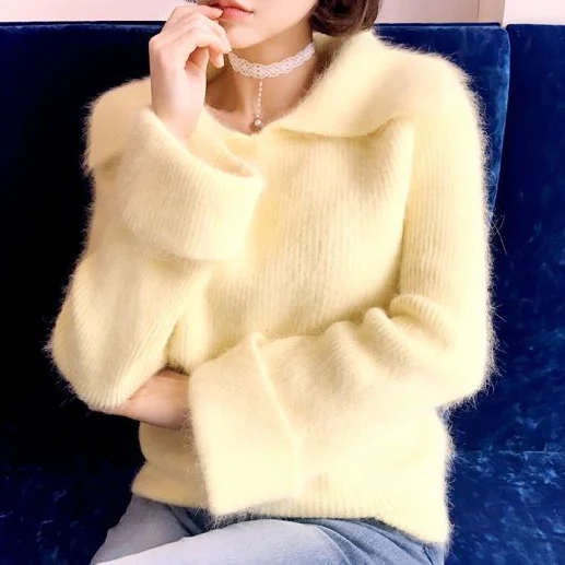 New 2018 Autumn Winter Women Mink Cashmere Sweater Fashion Yellow Knitting Flare Sleeve Ladies Casual Loose Warm Soft Pullovers | Женская
