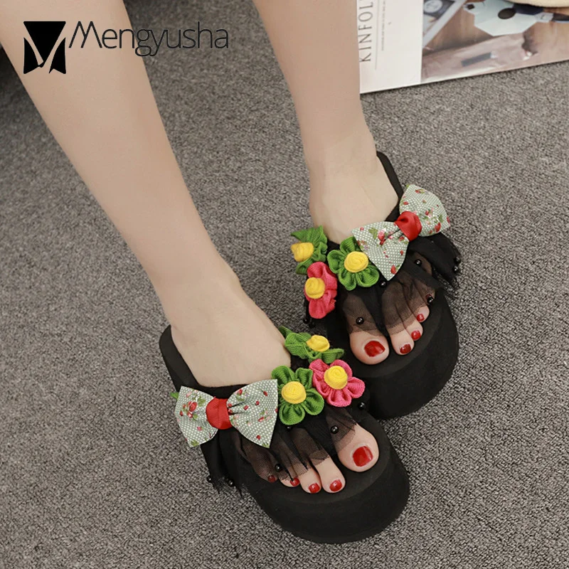 Милые стильные розовые шлепанцы с бантом mujer Летние вязаные на платформе