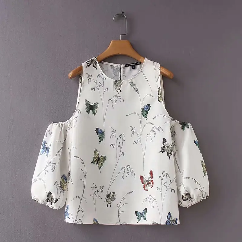 2018 Женская винтажная блузка с открытыми плечами животным принтом рубашка в стиле