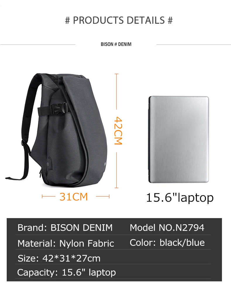 BISON DENIM мужской рюкзак для 15,6 дюймов, рюкзак для ноутбука, USB, Большой Вместительный модный рюкзак для подростков, рюкзак N2794