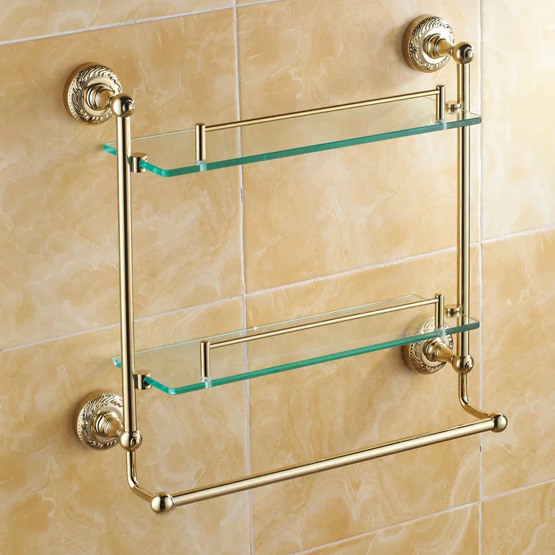 The new patent wide copper and gold antique makeup double towel bar Continental shelf with glass shelving units Goods|towel offers|towel